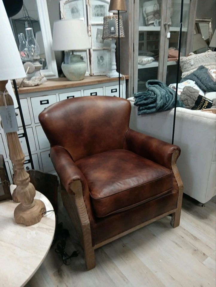 Sessel Banbury Vintage Rindsleder Jute Holz Landhaus Country – Bild 2