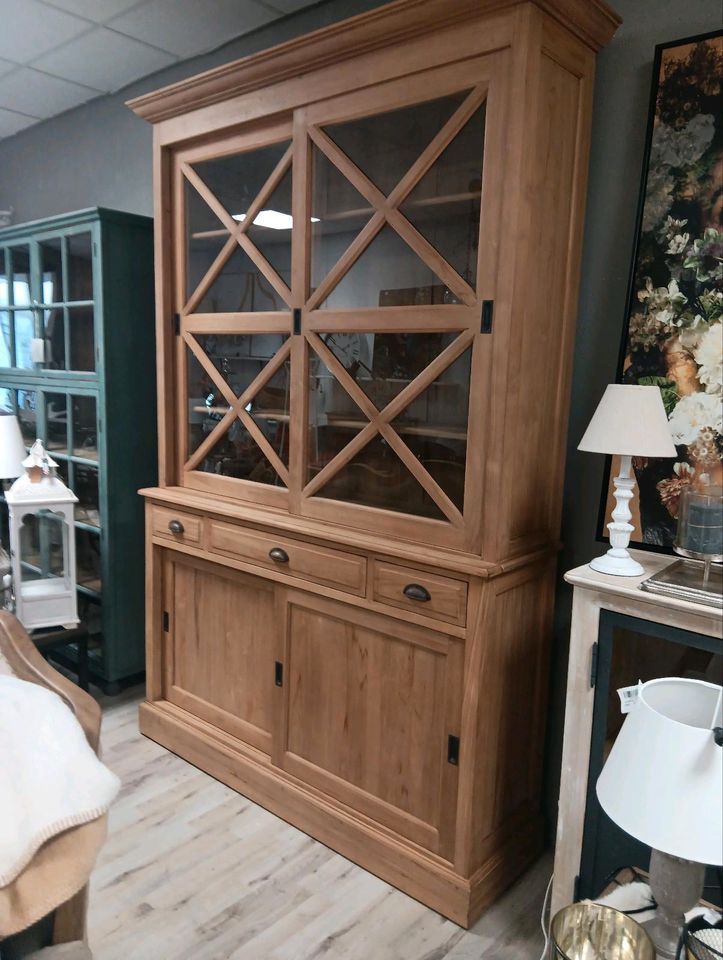 Schrank Kanabec Teakholz Buffet Vitrine Landhausstil Glas