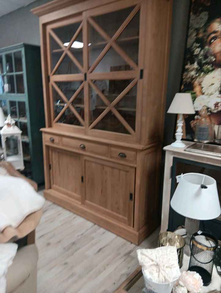 Schrank Kanabec Teakholz Buffet Vitrine Landhausstil Glas – Bild 3