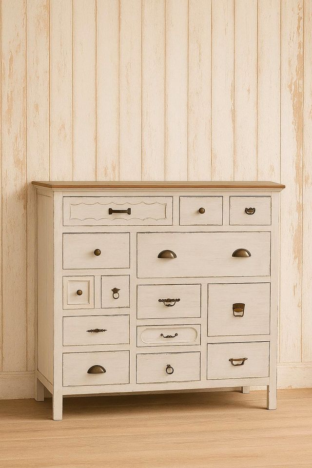Kommode Grayson Apothekerschrank antikweiß Shabby Tannenholz – Bild 2