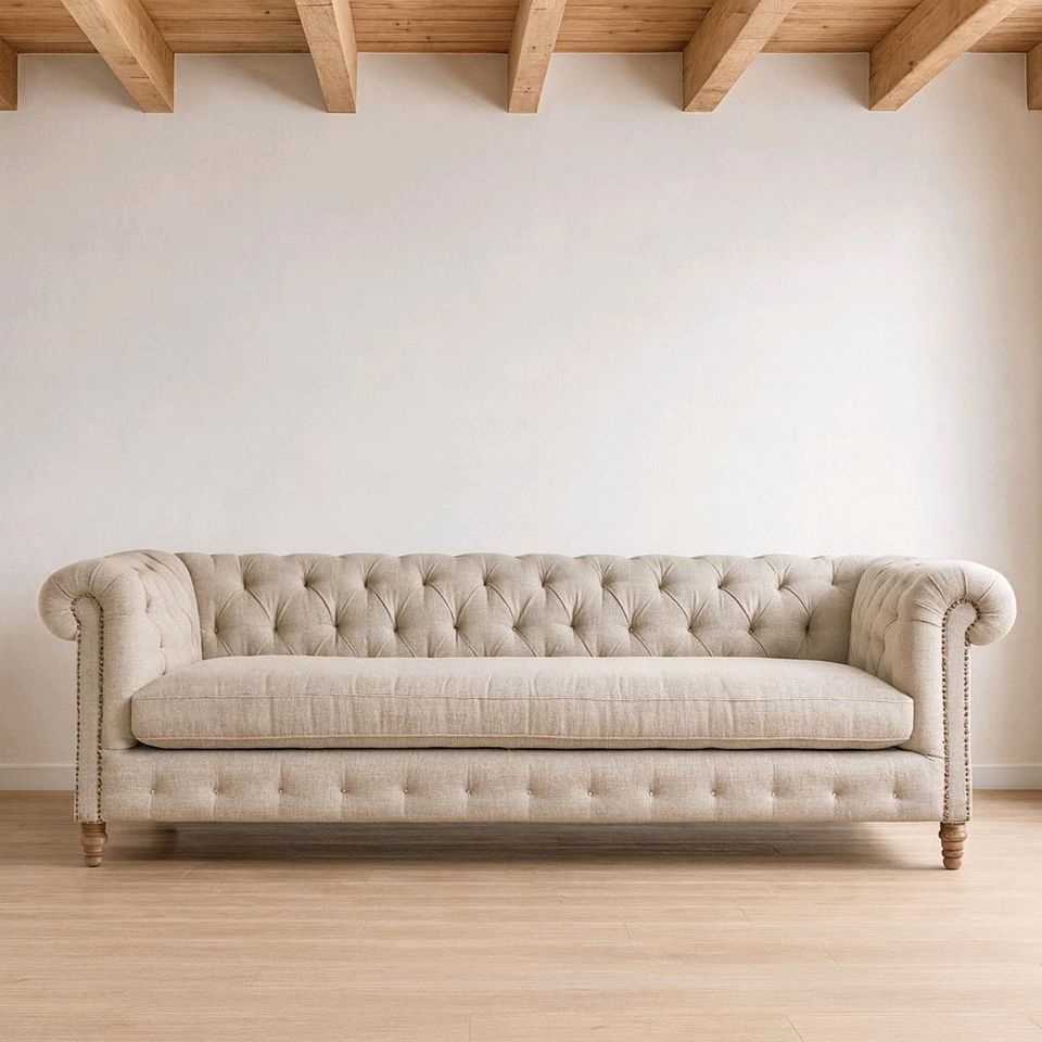 Sofa Parpeville klassisch Chesterfield Leinen Creme Mirabeau