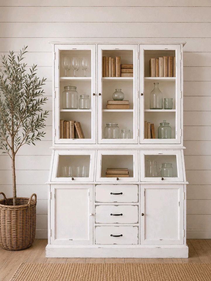 Schrank Bolquère Mangoholz antikweiß Shabby Vitrine Vintage