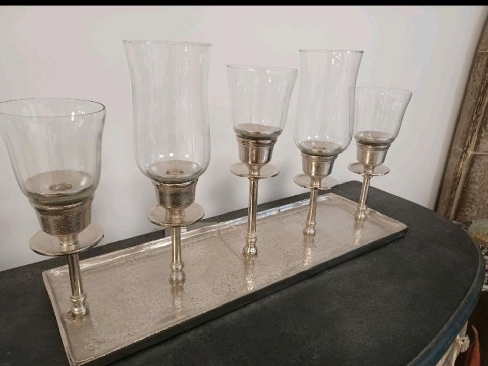 Kerzentablett Alumiumguss silber Glas 5 flammig