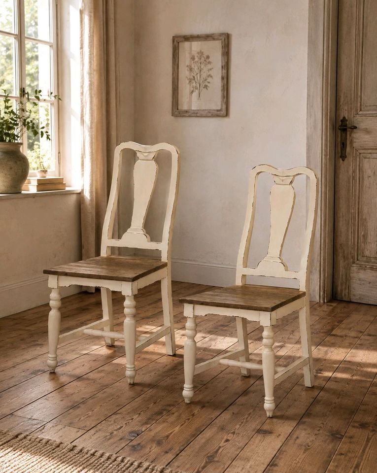 Stuhl 2er Set Harold Landhausstil antikweiß braun Pappelholz