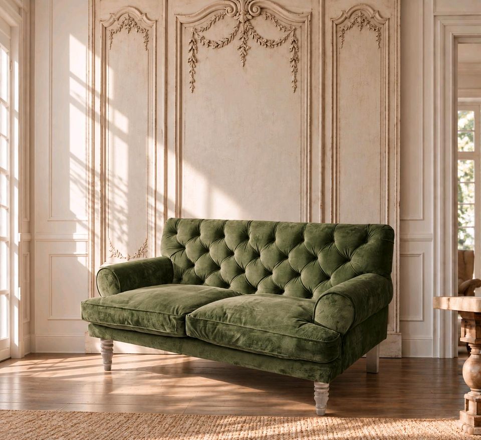 Sofa Carme grün Samt Chesterfield Zweisitzer Neu
